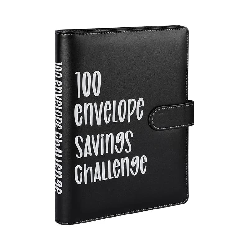 100 Envelope Savings Challenge Binder, PU Leather Money‑Saving Budget Planner Book, Cash Envelope Savings Notebook for Financial Budgeting, Household Money Organizer