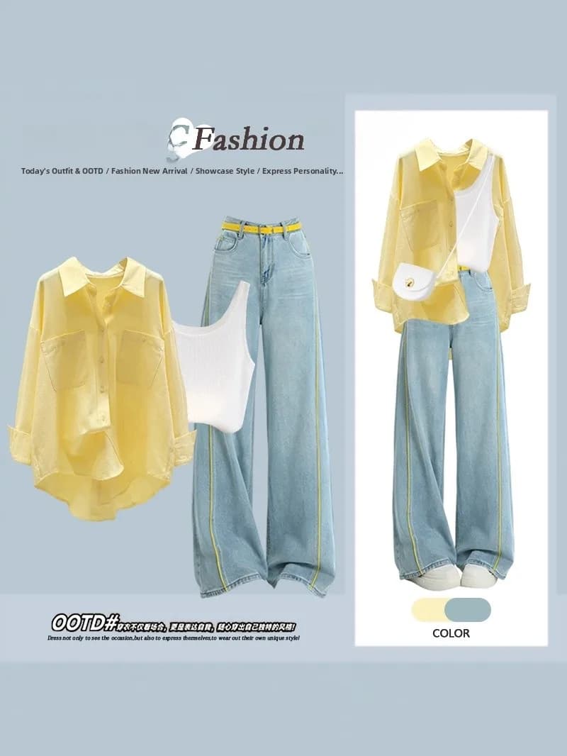 Summer New Loose Casual Women's Set Dopaamine Shirt Base Vest Striped Jeans Three Piece Set High Waist Loose Fit Fashion Set