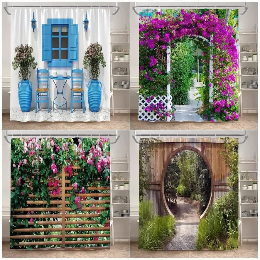 Recinzione fiori tende da doccia finestra blu natura piante floreali scenario giardino moderno appeso a parete decorazioni per il bagno di casa con ganci