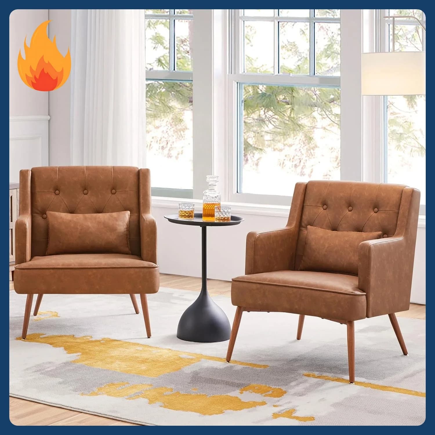 Offerta imperdibile! Poltrona Accent, Sedia da Soggiorno in Stile Mid-Century in Pelle PU con Cuscino Lombare, Comoda Poltrona Imbottita per Lettura in Legno L