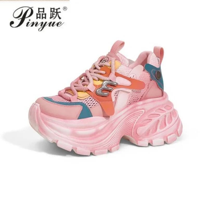 10CM Heels Women Shoes Mixed Colors Ladies Chunky Leisure Sneakers New Summer Breathable Mesh Synthetic Leather Sports Dad Shoes