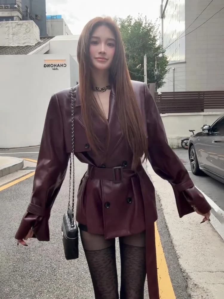 Syxatn N13 Hong Kong Style Retro Double Buttoned Waist Cinched Leather Jacket Loose Outerwear Coat for Women Autumn Season