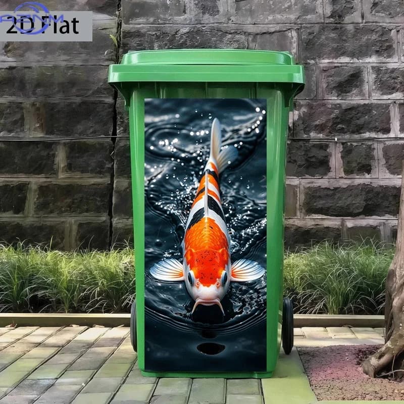 Printing Trash Can Sticker 37×82cm Koi Fish Leaping Over Water Themed Design Self-Adhesive Wall Decal Wallpaper for Kitchen Tr