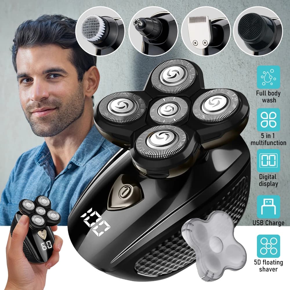 Rasoio Elettrico 5D con Testina Flottante per Uomini Calvi, Rasoio Multifunzione 5 in 1 IPX7 Lavabile, Ricaricabile USB, Set per la Cura della Barba e del Naso con Display Digitale LED