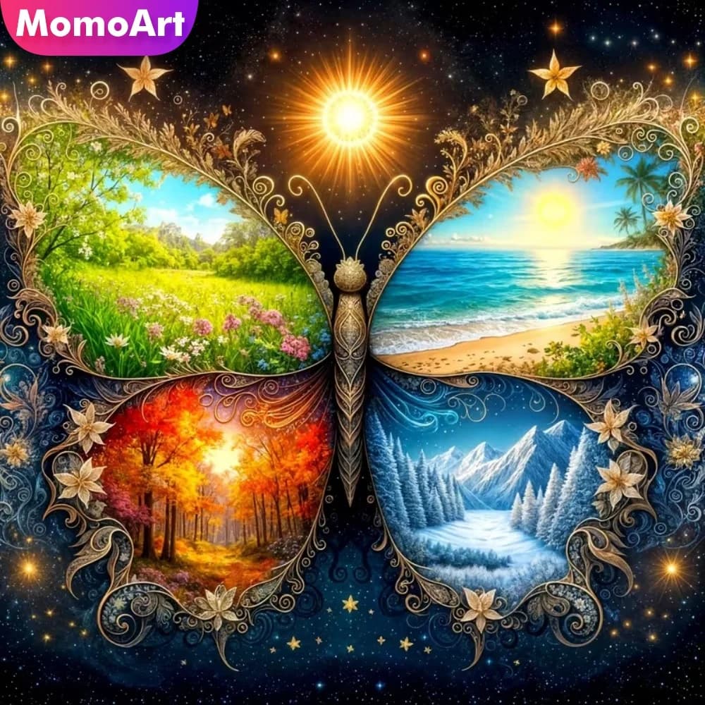 Momoart Nuovo Arrivo: Quadro con Ricamo Diamantato Paesaggio Quattro Stagioni e Farfalle, Mosaico Diamantato Fai da Te, Arte Murale con Strass