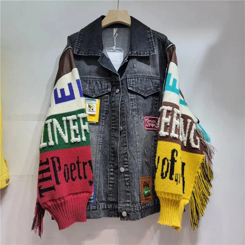 Giacca di jeans da donna Cappotto di jeans casual allentato lavorato a maglia con maniche a lettera e cuciture in nappa
