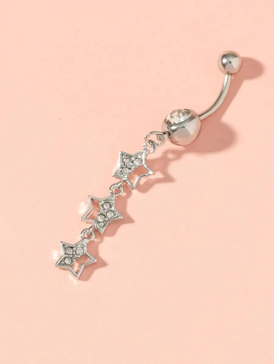 Gioielli per piercing all'ombelico in acciaio inossidabile con tre ciondoli a forma di stella con strass e sfera di cristallo sfaccettata sulla parte superiore