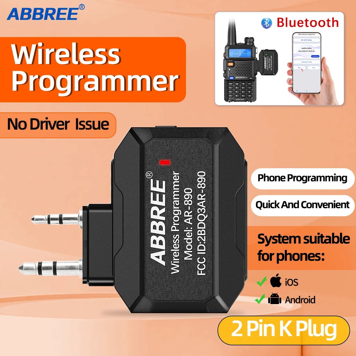 ABBREE Programmatore wireless Bluetooth Programmazione APP telefono per Baofeng Walkie Talkie UV-5R BF-888S UV-21 PRO V2 Quansheng UV-K5