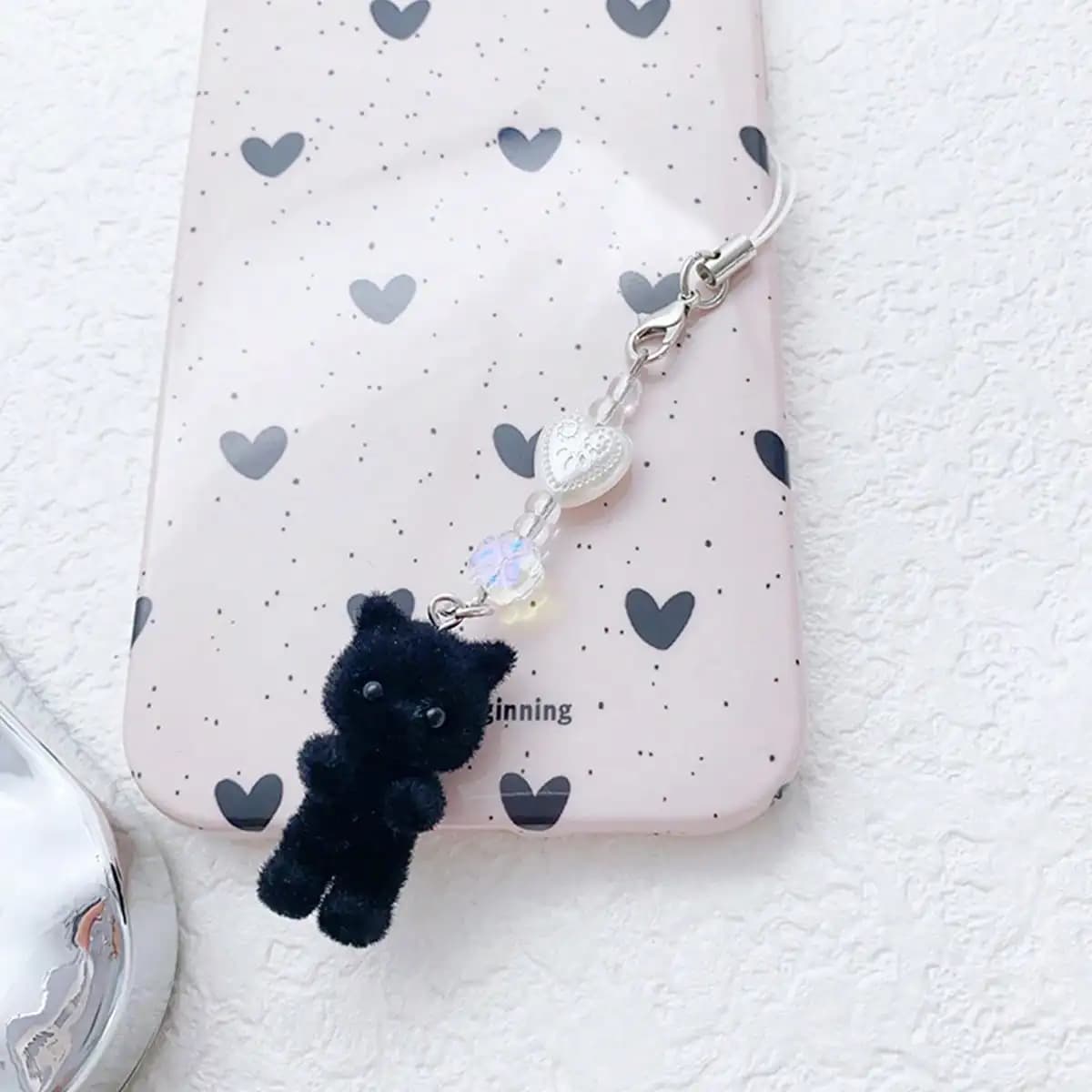 Black Flocked Cat Silhouette Keychain, Short Phone Lanyard USB Flash Drive Strap