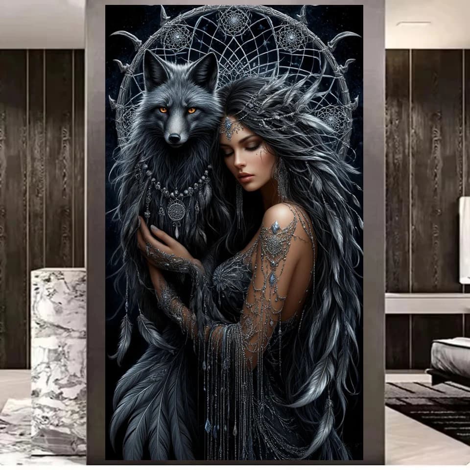 5D DIY Diamond Painting 2026 Full Diamond Mosaic Dark Fantasy Goddess & Wolf with Dreamcatcher Diamond Embroidery Kit Home Decor