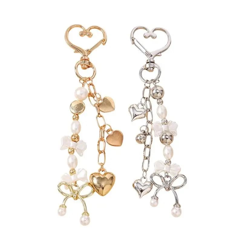 Portachiavi con Fiocco e Cuore, Ciondoli con Perle per Donna e Ragazza, Decorazione Borsa, Fai da Te, Regali Fatti a Mano