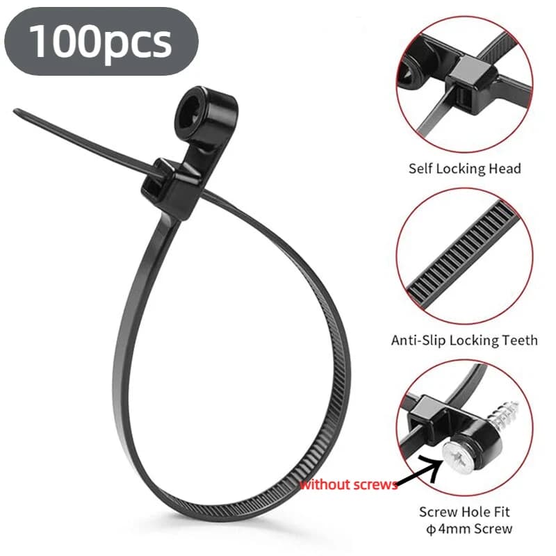 Set da 100 Pezzi Fascette per Cavi in Nylon con Foro per Vite, Multiuso, Resistenti, Autobloccanti, Organizzatore di Cavi, Anello di Fissaggio Regolabile Fai-da-te
