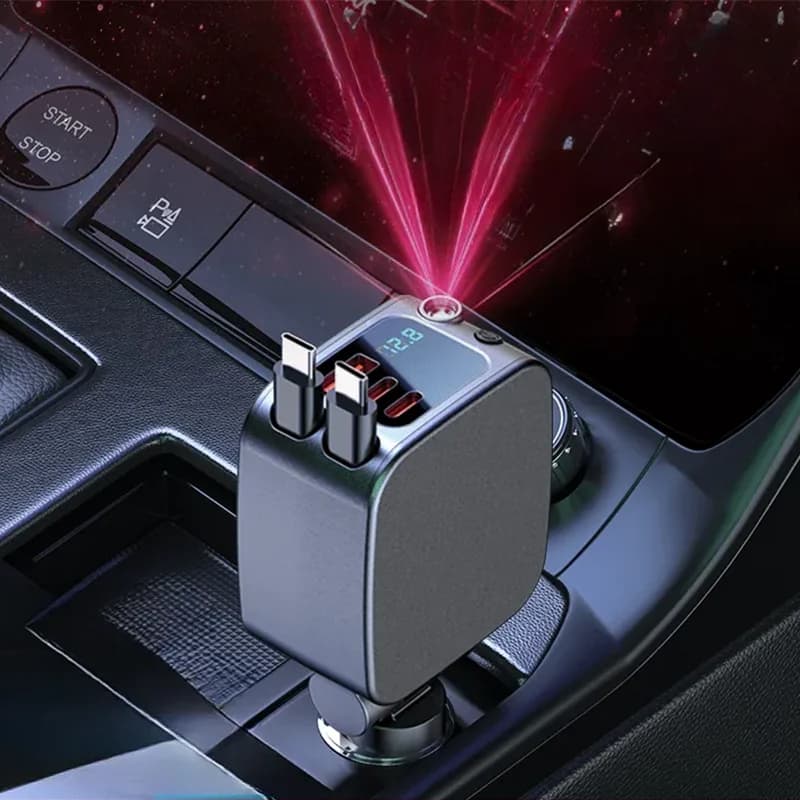 120W Fast Car Charger Retractable Cable With Ambiance Light And Voltage Display For IPhone Android Auto Charging Accessory