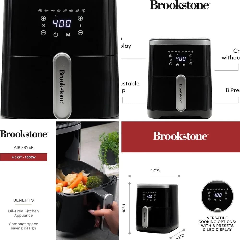 Brookstone 4.5 Qt Air Fryer 1300W Large Capacity, LED Display 8 Presets, Adjustable Temp Oil-Free Healthy Cooker for