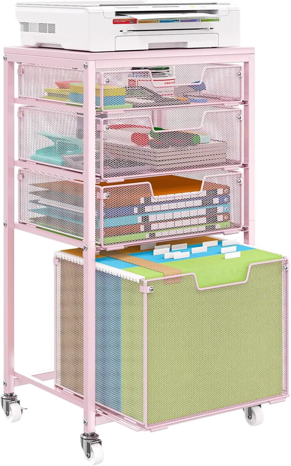 Carrello Portadocumenti a 4 Cassetti con Ruote, Organizzatore Sottoscrivania, Mobiletto Porta Archivio, Supporto per Stampante, Rosa