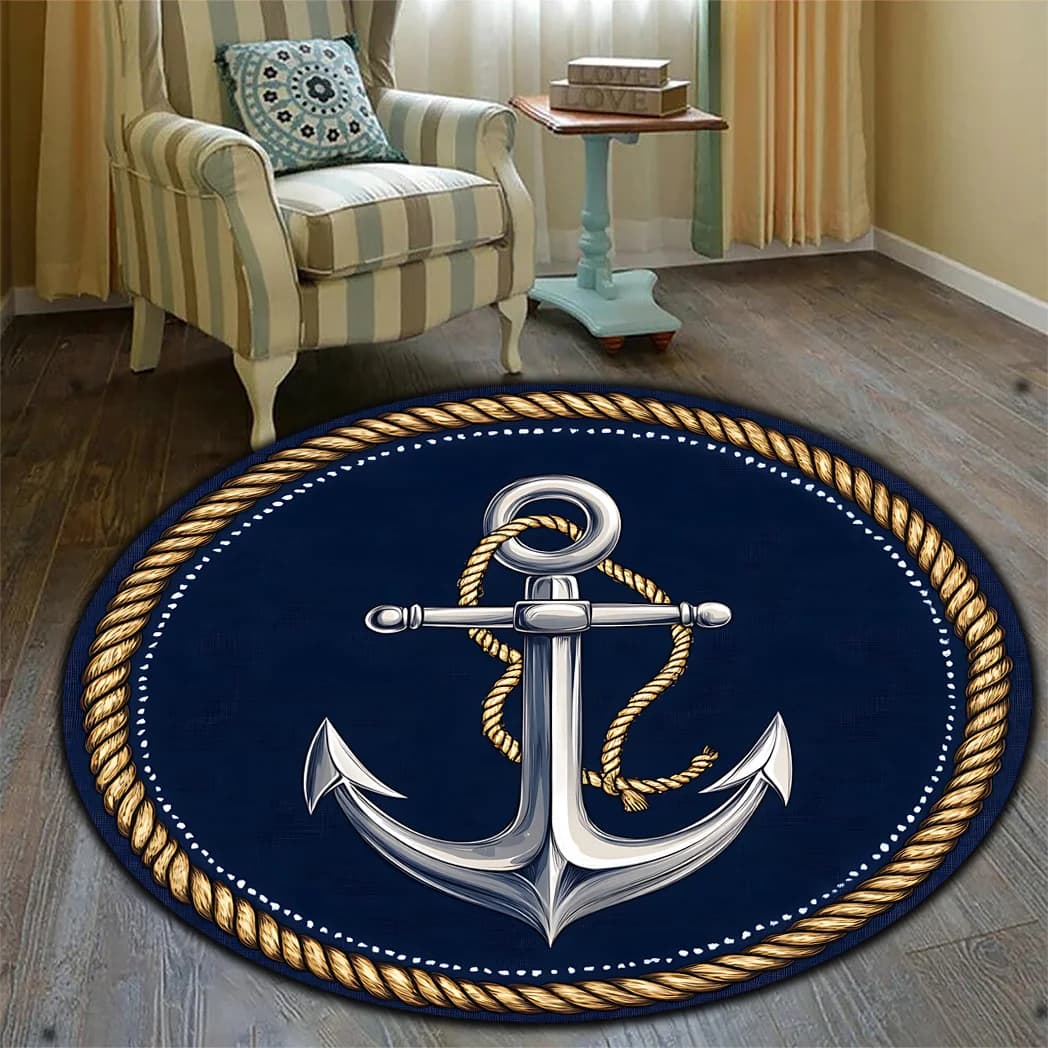 Tappetino rotondo con motivo ancoraggio e corda blu navy, morbido tappeto antiscivolo lavabile per soggiorno, camera da letto, cucina, balcone e decorazioni per esterni