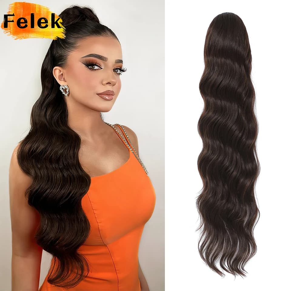 Ricci Horsetail Extensions With 28 Inch Drawstring Synthetic Horsetail Clips For Black Women Long Wavy Fake Posts for Afro Girl