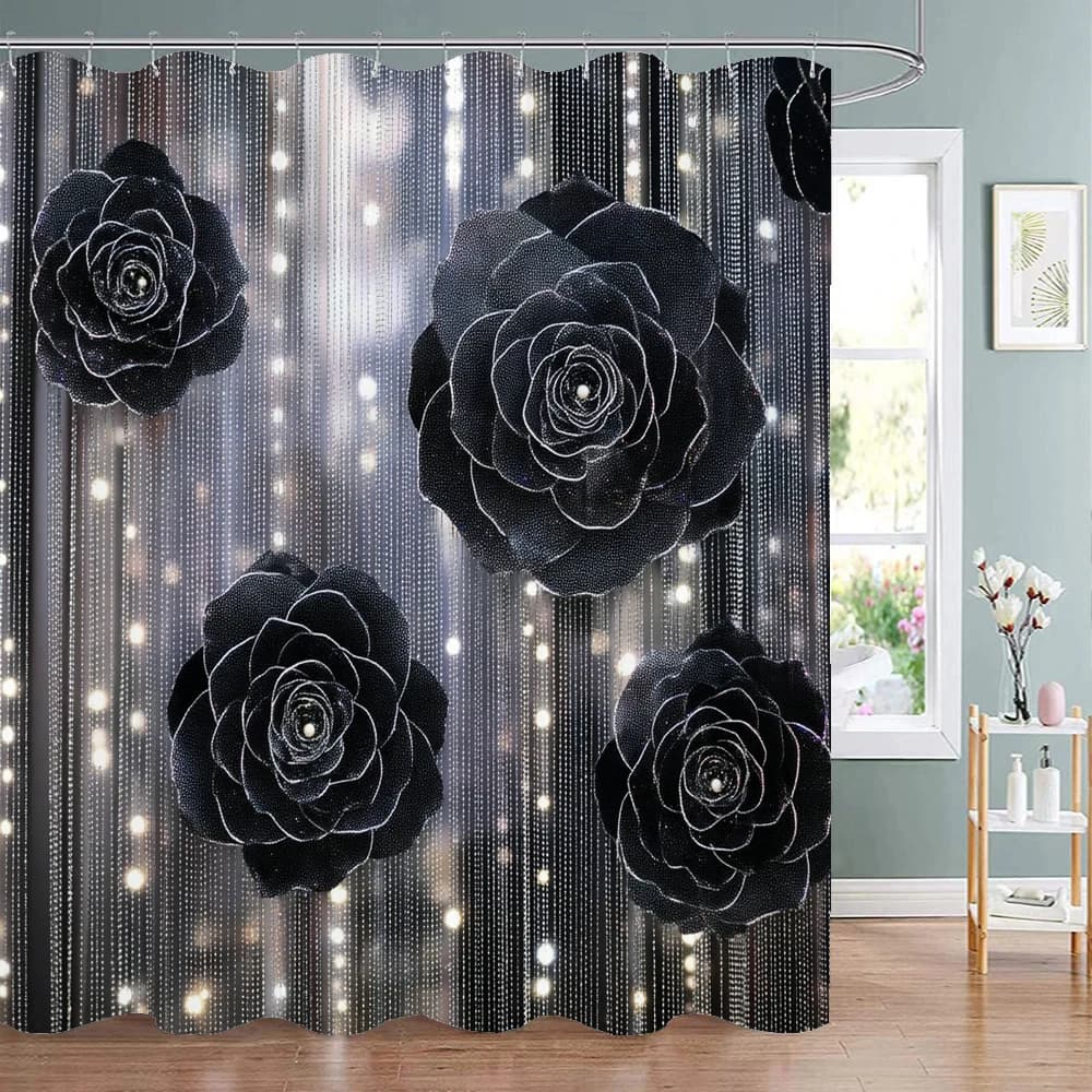 Shiny Black Rose Flowers Printed Fabric Shower Curtain, Bathroom Decorative Shower Curtain, Waterproof Shower Curtain with Hooks