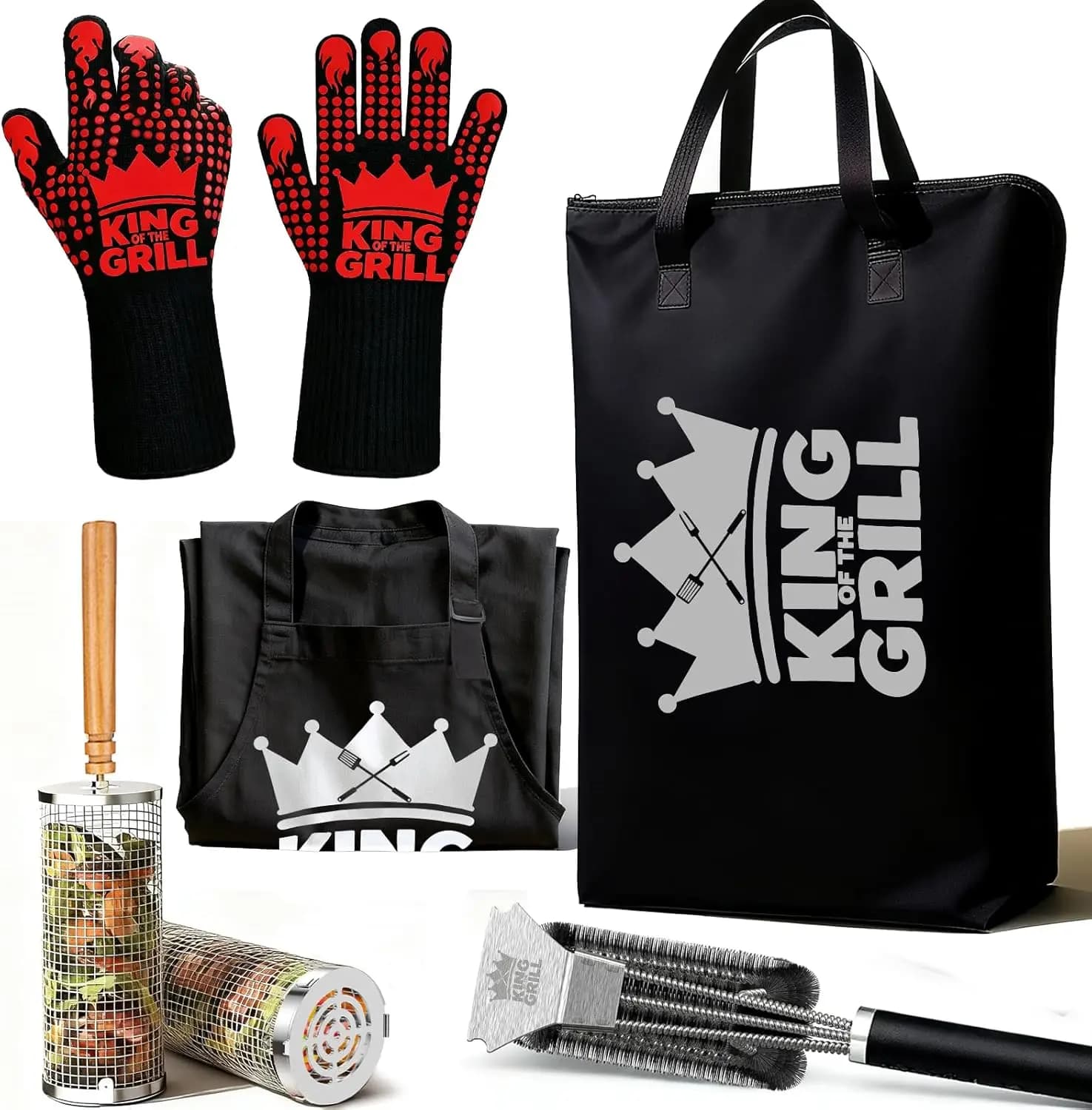 5PCS BBQ Gift Set for Men - Grilling Gifts with Resting Blanket, Apron, Heat Resistant Gloves, Basket & Brush - Funny Father's Day, Christmas Birthday for Dad Husband