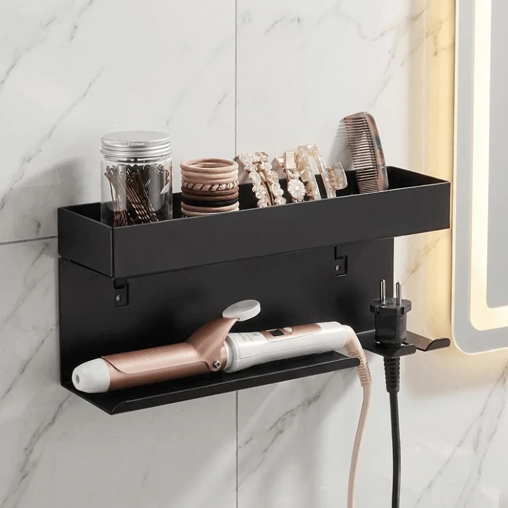 Carbon Steel Curling Iron Storage Rack Wall Mounted Space Saving Hair Curler Storage Shelf No Drill Hair Tool Holder