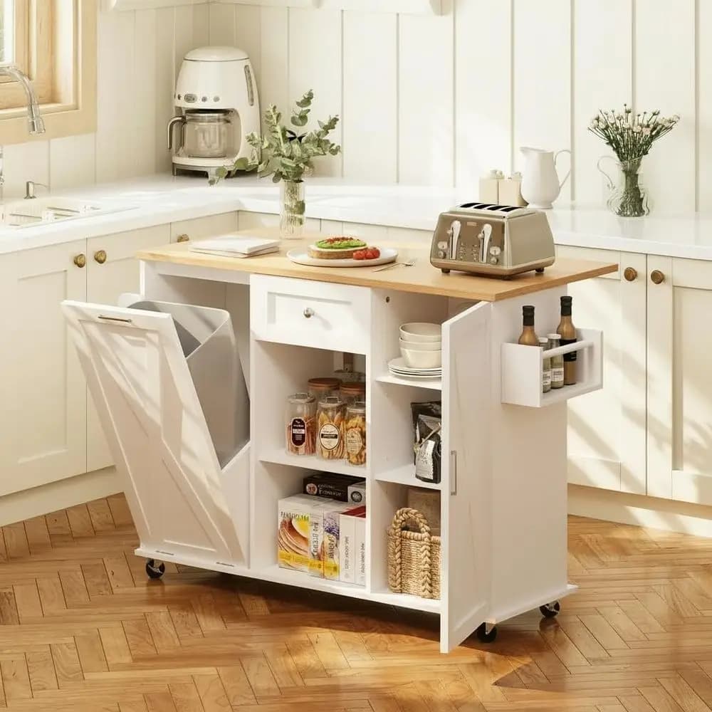 Isola da Cucina Mobile da 52 Pollici con Piano Ribaltabile, Cestino per Rifiuti, Porta Spezie e Portasciugamani