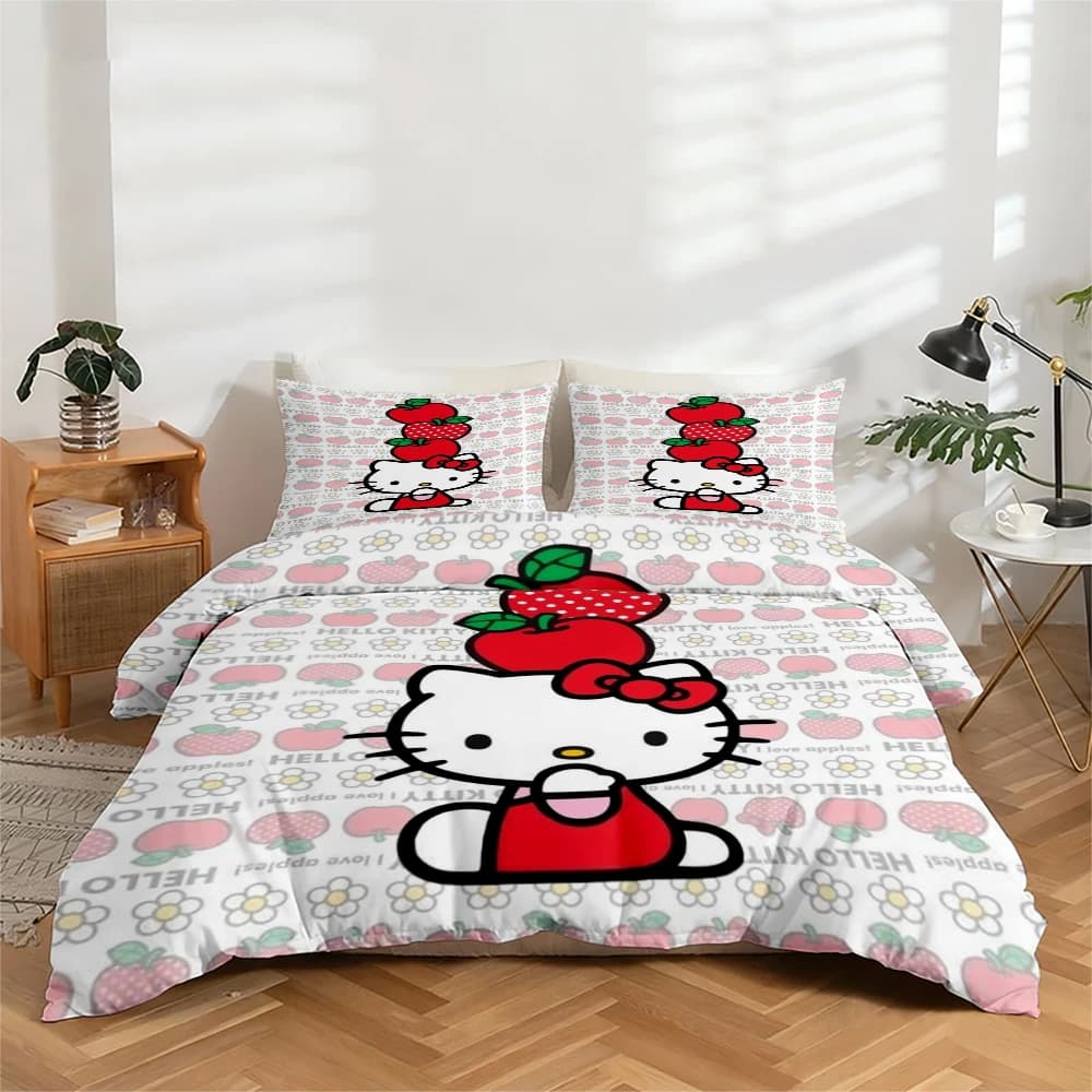 Bed linen set with high definition digital print in 3 pieces, set of duvet cover with Hello Kitty pattern and strawberries-black, set of large floral duvet, includes 1 headdress + 2 pillowcase, suitable for bedroom, guest room, home decorations, duvet cover + polyester fiber pillowcase, ultra soft bed linen, thick fabric, suitable for all seasons, washing machine