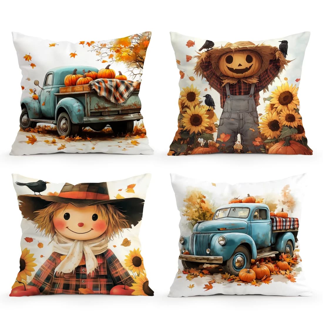 Home Decor Autumn Truck & Scarecrow Decorative Pillow Pattern Cushion Cover Suitable for Sofa Bedroom Car Pillow Cover