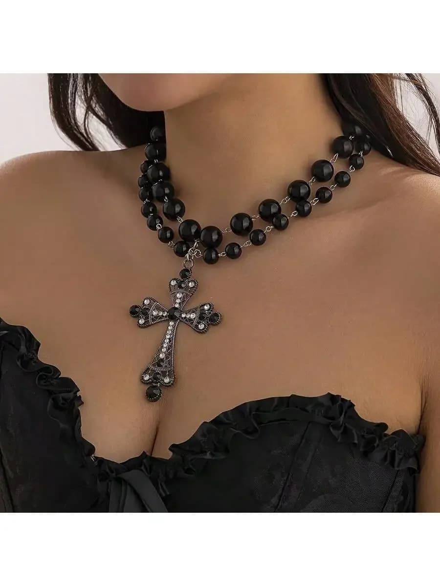 Collana con ciondolo a croce con doppia perline, stile vintage, gioielli da donna alla moda per l'uso quotidiano e casual