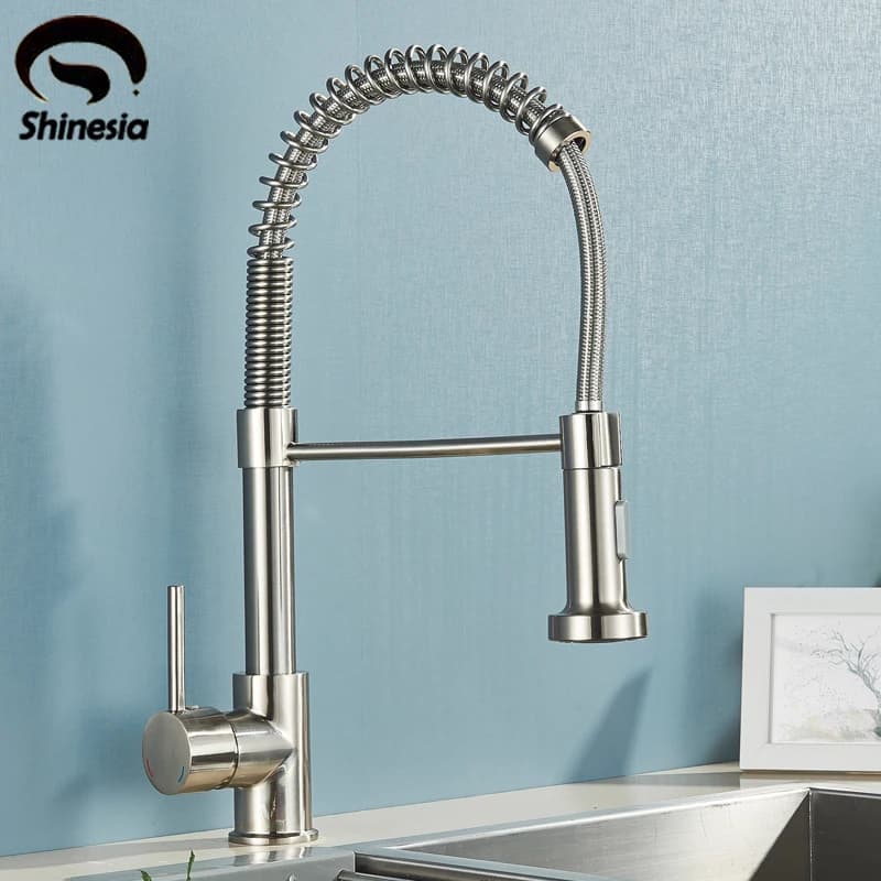 Rubinetto da cucina Shinesia in nichel spazzolato, miscelatore da piano con rotazione a 360°, doccetta spray, rubinetto per lavello con acqua calda e fredda