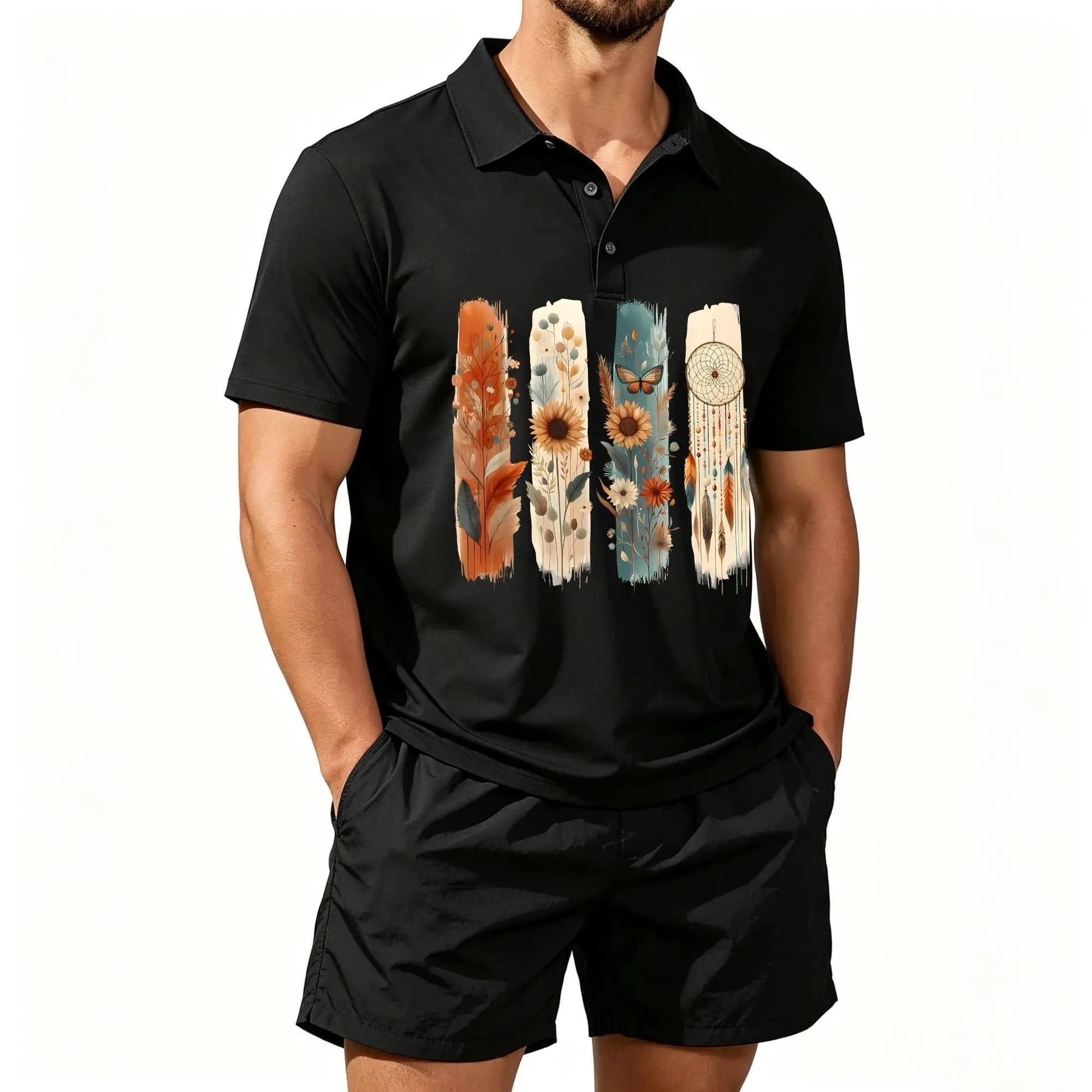 Men's Short-Sleeved Polo Shirt Set with Wildflower Dreamcatcher Retro Feather Art, Suitable for Everyday Wear and Outdoor Activities. The Fabric Is Breathable and Skin-Friendly and Can Be Machine Washed.