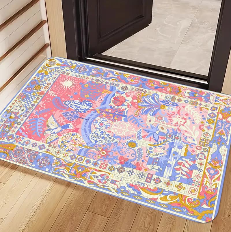 Boho Floreale Pink and Blue Carpet with Paisley Pattern for Entrance, Electrocentric Furniture for Home, Living Room and Bedroom