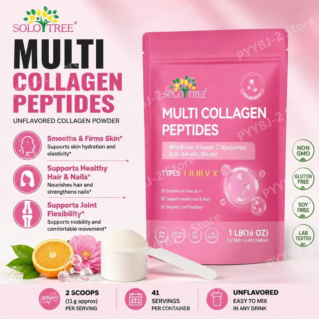Multi Collagen Peptides Powder Types I II III V X with Biotin Vitamin C Hyaluronic Acid for Skin Hair Nails Joint Support 1LB