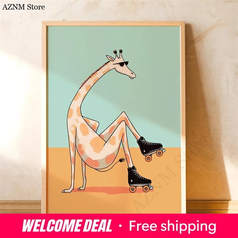1pcs(No frame)Whimsical Skateboard Dog Dachshund Canvas Print Poster Cartoon Funny Animal Art Print Bedroom Nursery Wall Art