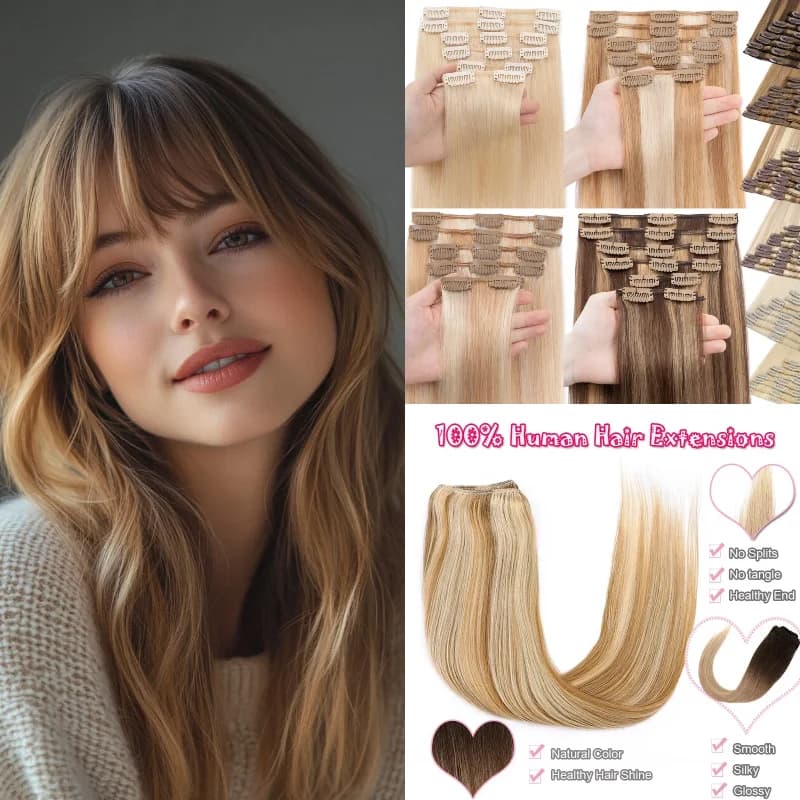100% Human Hair 7Pcs Clip In Extensions 24inch Water Wave #1B P18-613 Reusable Transform Thin Hair To Thick Party Special