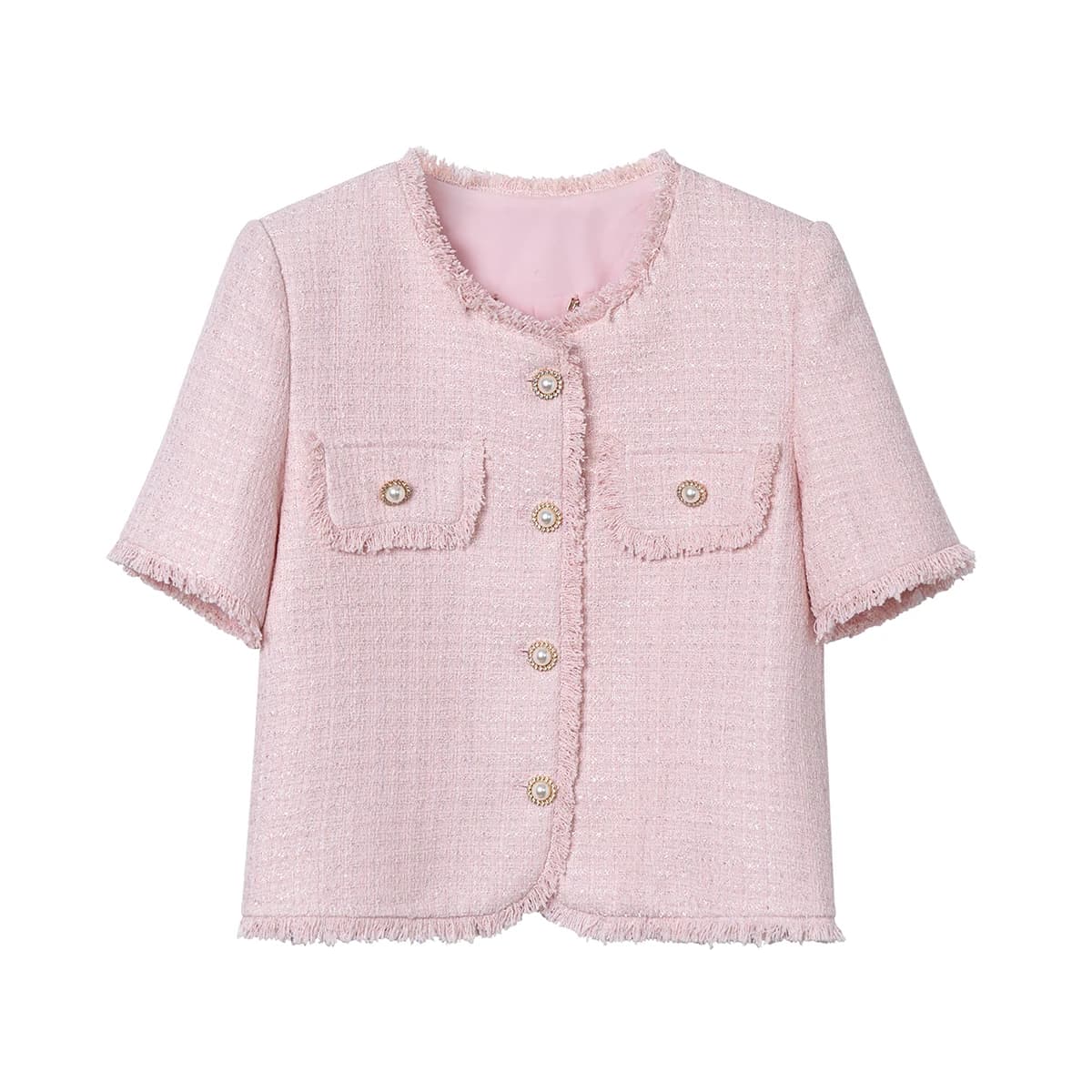 Nuovo temperamento rosa romantico alla moda Camicia coreana a maniche corte in tweed nappa mondana Cappotto corto piccolo profumo