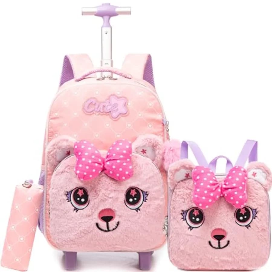 Zaino con Ruote per Ragazze, Bagaglio da Viaggio con Porta Pranzo, Zaino Carino e Kawaii