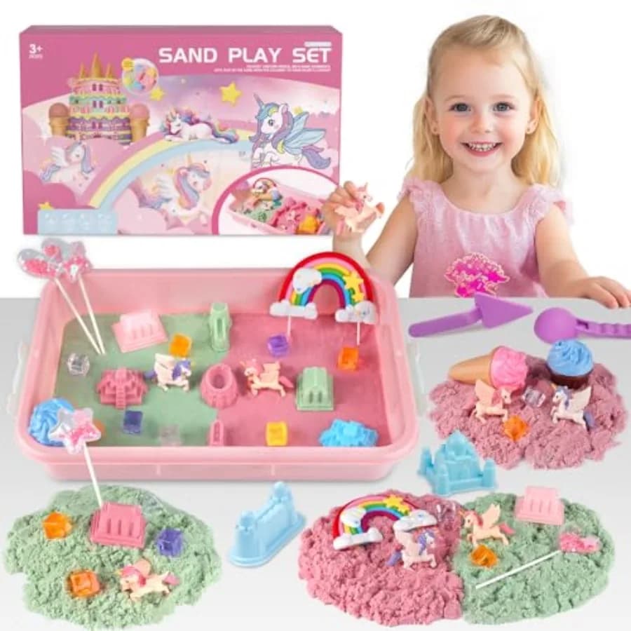 Kit Sabbiera Sensoriale Unicorno per Bambine, con Stampi Magici per Castello Unicorno e Gelato, Sabbia Colorata da 1 kg e Attrezzi per Sandbox