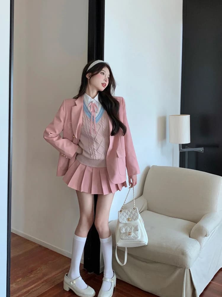 Sweet School Uniform Style Pink Blouse And Pants Set for plus Size Women Loose Casual Early Autumn Korean Version Fashion
