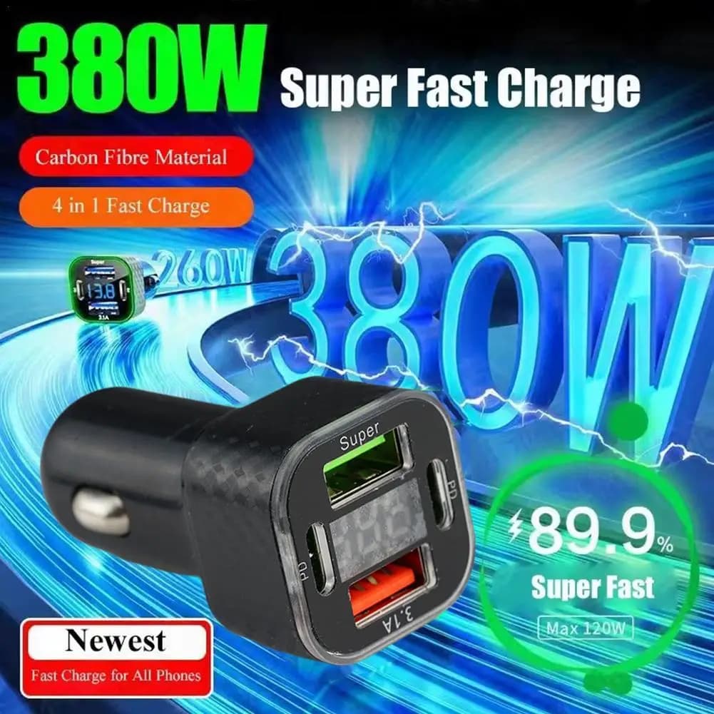 380 W USB C Car Charger Dual PD USB Charger with voltage display Super fast charging adapter for IPhone Oppo