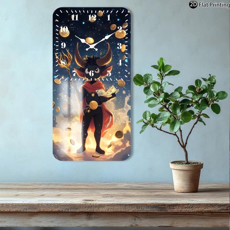 1pc Stylish Devil Keeping Trident And Money Rectangular Wooden Quartz Wall Clock Perfect Christmas Gift For Friends