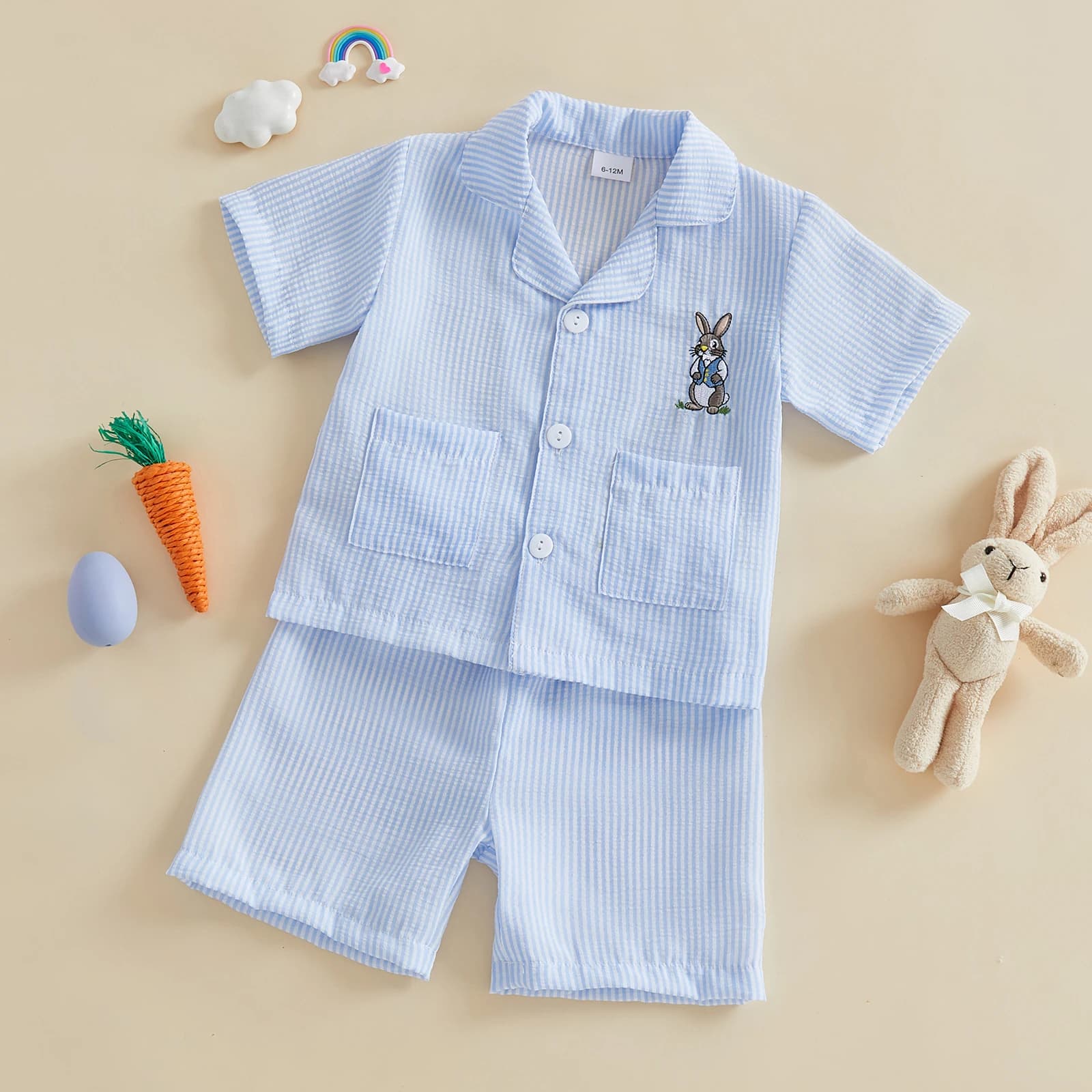 Pigiama Pasquale per Bambini e Bambine, Set con Camicia a Maniche Corte e Pantaloncini, Motivo Floreale con Coniglietto e Uova, Pigiama in Seta e Raso
