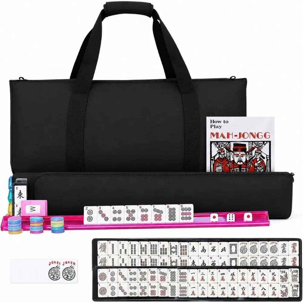 American Mahjong Set with Black Carrying Bag 166 White Tiles 4 All-in-One Racks and Pushers for Adults & Family Travel & Gift