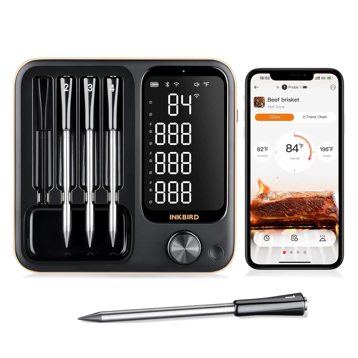 Wireless Meat Thermometer with WiFi, Bluetooth, 4 BBQ, Grid, Oven - Remote Control and Smart App