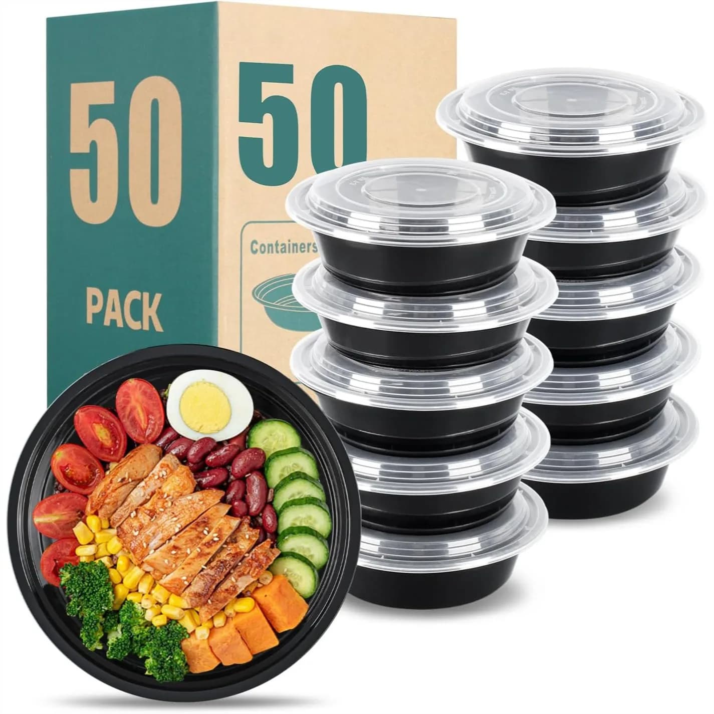 Contenitori Rotondi per Preparazione Pasti da 24oz con Coperchi, Confezione da 50 (100 Pezzi) Contenitori Neri Usa e Getta per Alimenti, Scatole Bento, Impilabili e a Prova di Perdite
