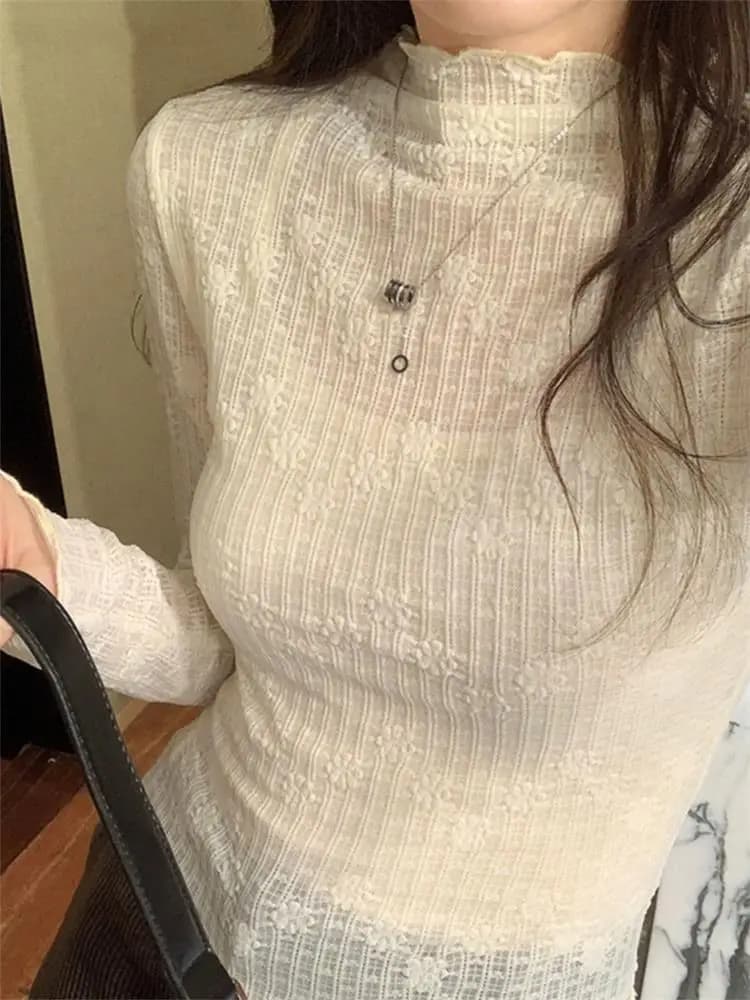 Women's knit sweater with V-neck, lace, long sleeves, fashionable, for fall, basic model