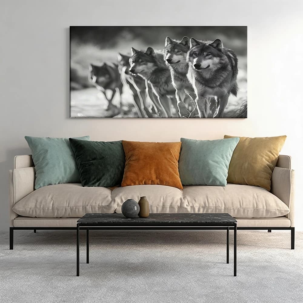 Painted on canvas with large wooden frame, 1 piece, packaging with wolf and mysterious landscape.