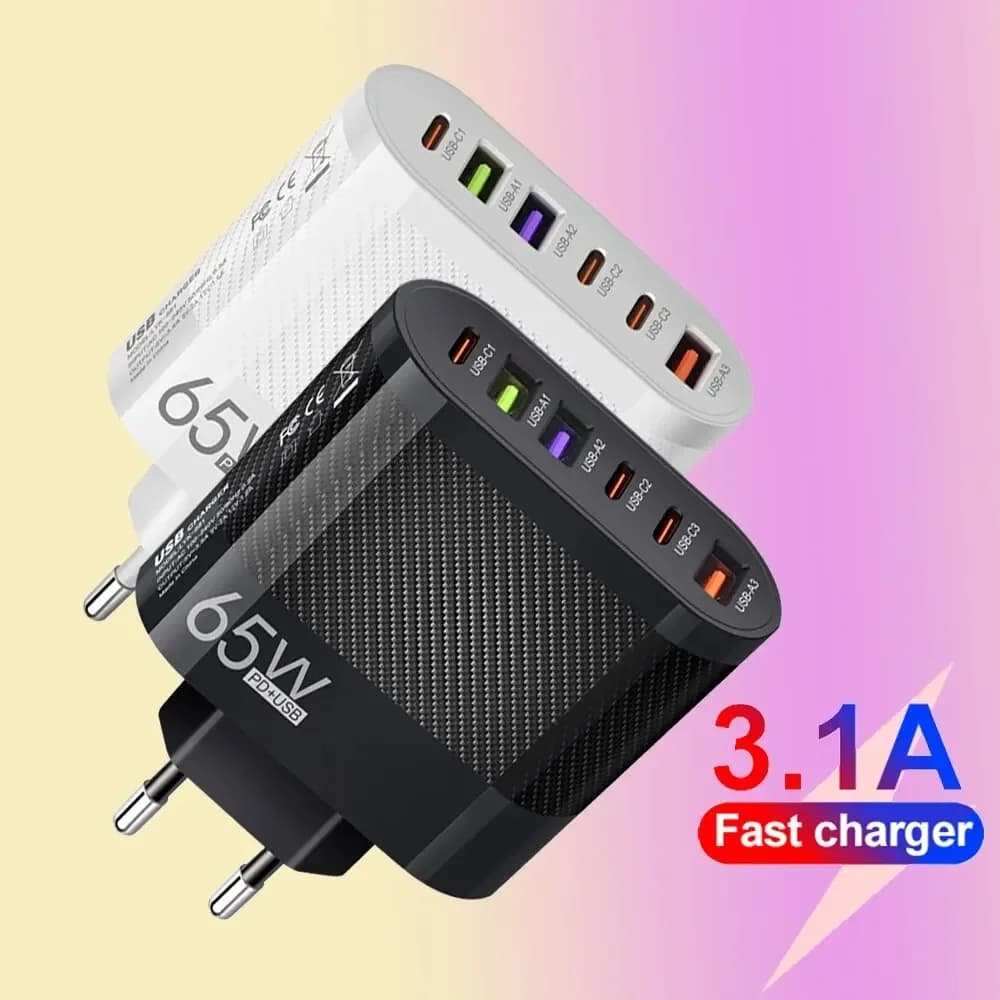 Caricabatterie totale 65W 6 in 1 3.1A 3USB 3PD QC3.0 adattatore da parete per telefono cellulare a ricarica rapida rapida per Samsung S24 Xiaomi EU // US/UK Plug