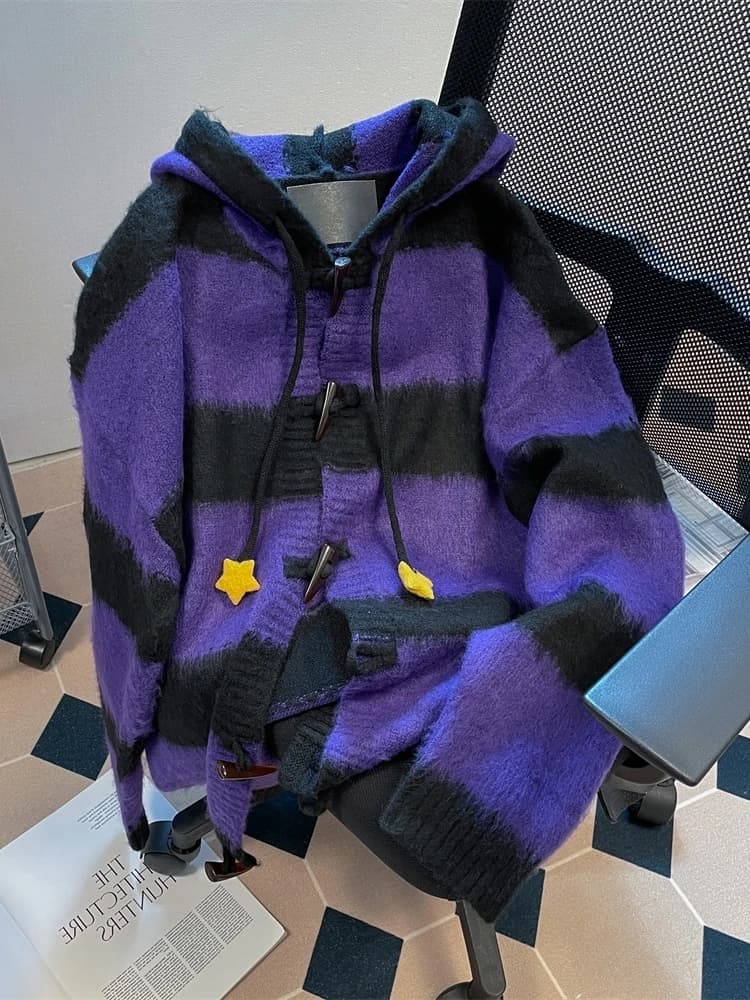 Maglione con cappuccio a righe a stella carino stile pigro da donna autunno e inverno anime miniera cardigan lavorato a maglia