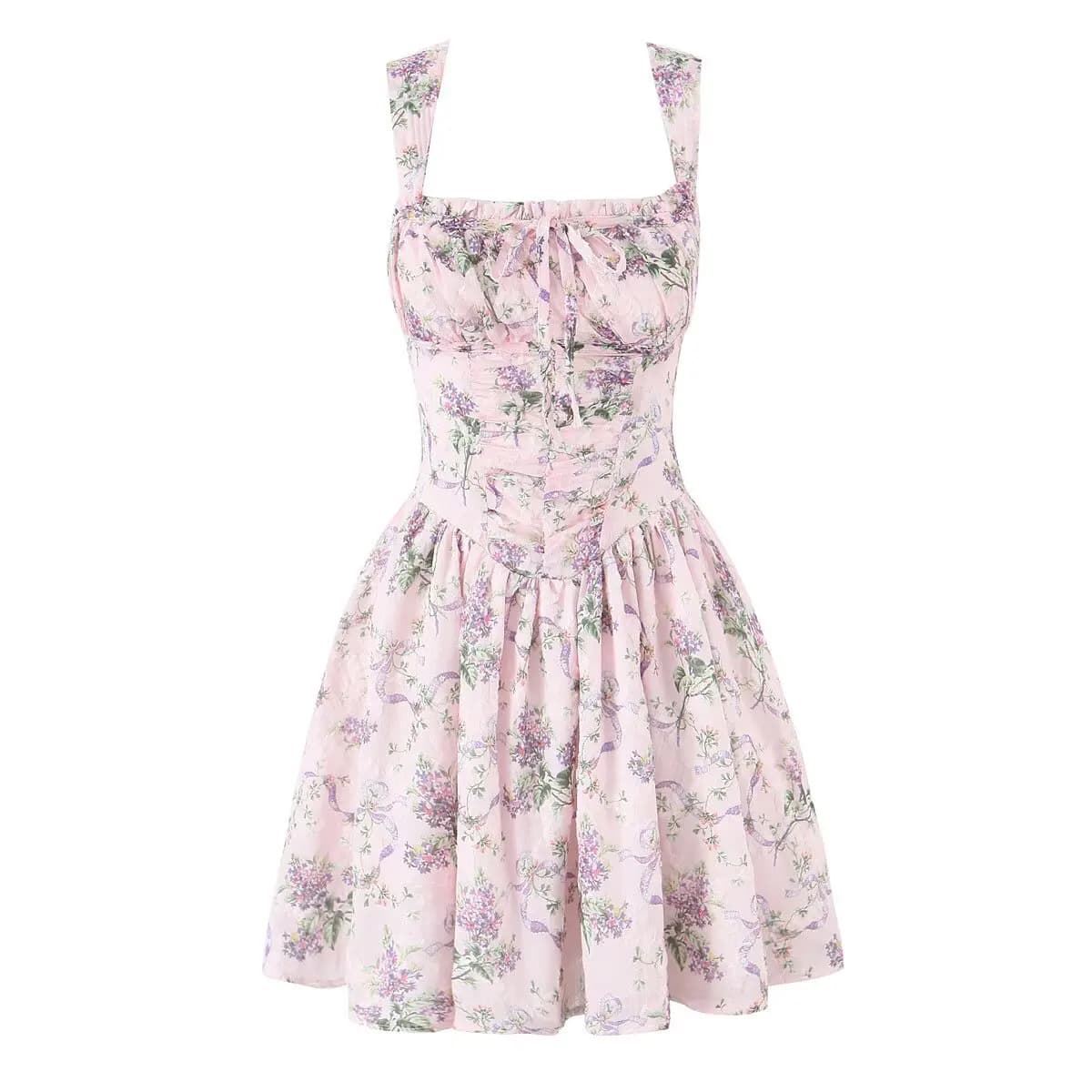 Jastie French Style Floral Print Sleeveless Mini Dresses Women Square Neck Low Waist A-line Slim Summer Dress Holiday Robe 2025