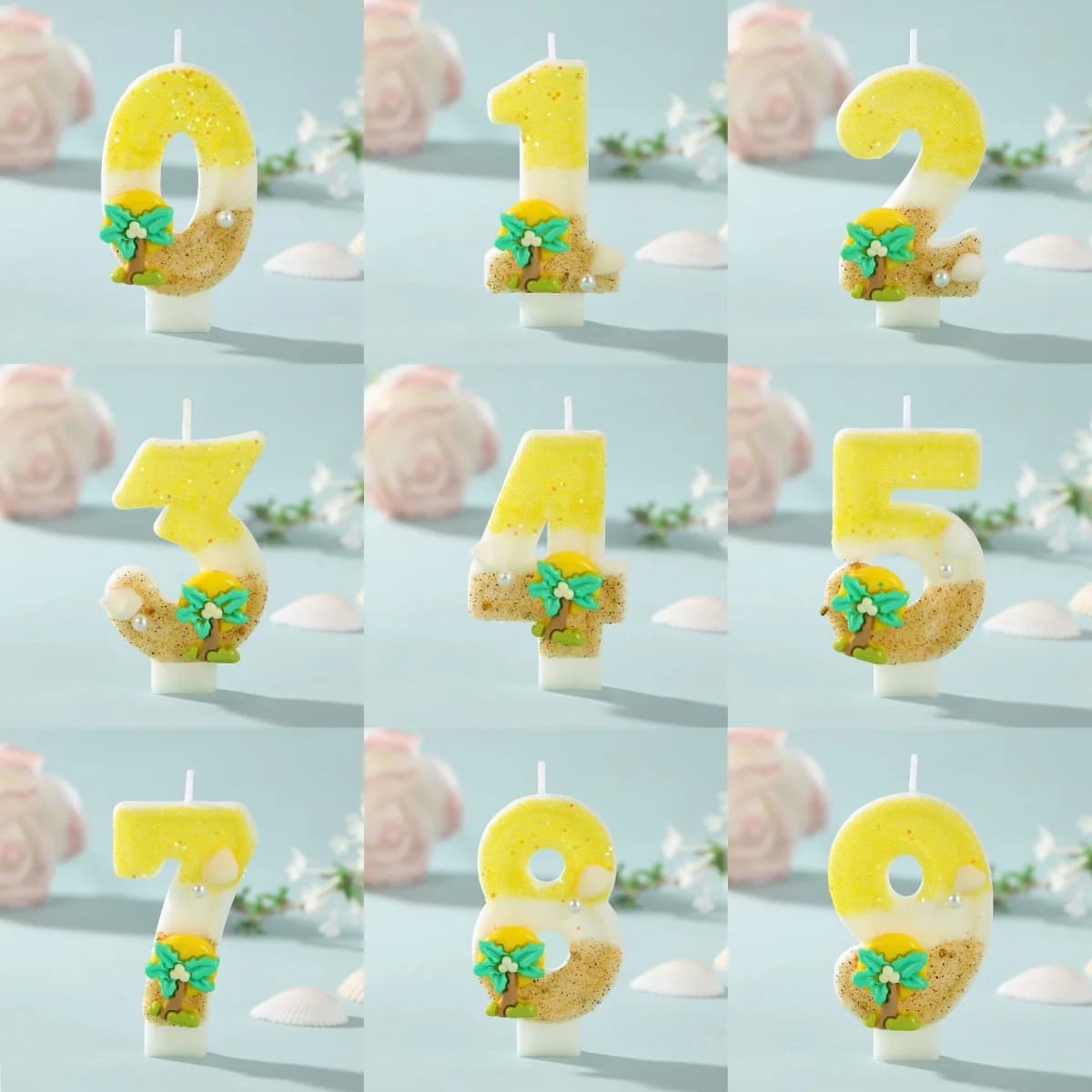 New Number Cake Candle Coconut Tree Ocean Glitter Birthday Candle 0 1 2 3 4 5 6 7 8 9 3D Number Topper Birthday Party Cake Decor